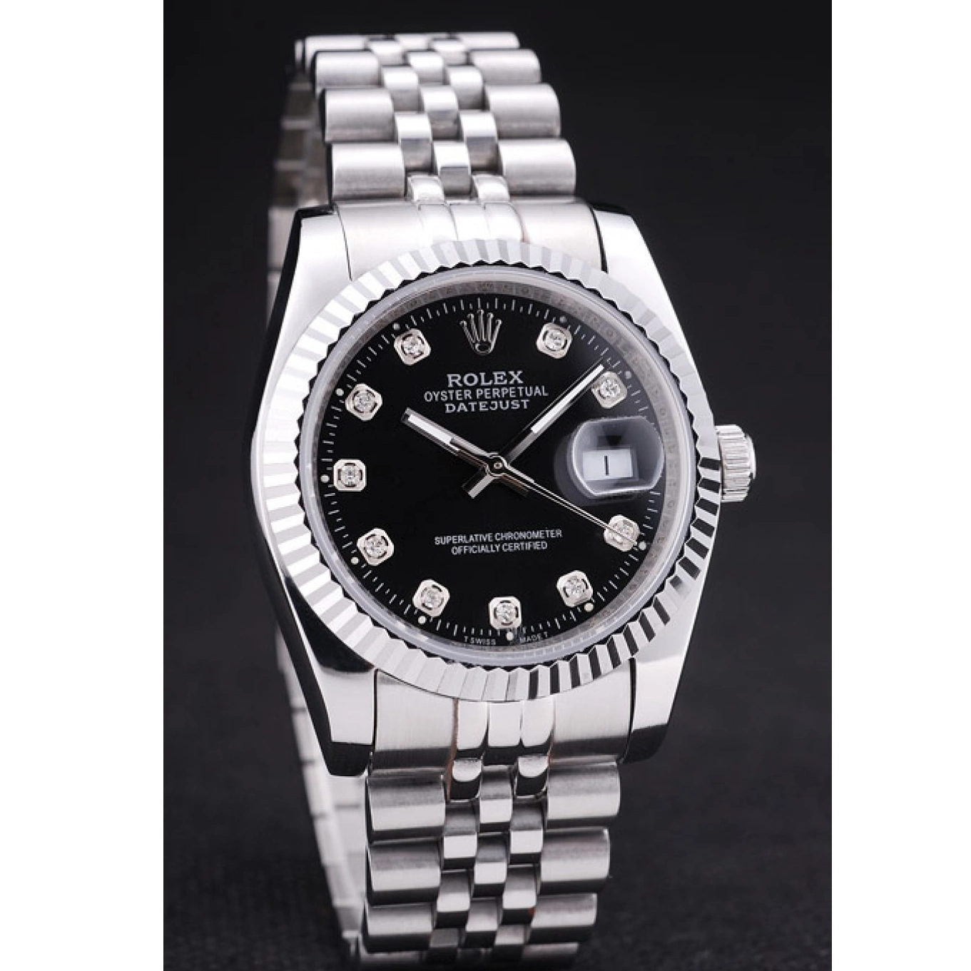 Aaa replica watch Rolex 7458 Black Datejust Ribbed Bezel Diamonds Dial 0731